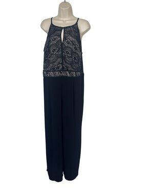 As U Wish Navy Lace-Keyhole Wide-Leg Jumpsuit